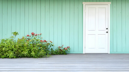 Fototapeta premium White Door on a Weathered Mint Green Wooden Wall