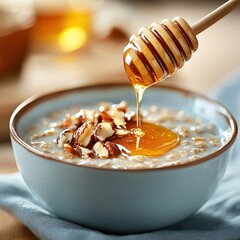 A bowl of nutritious oats with a sweet honey dip perfectly styled for healthy eating