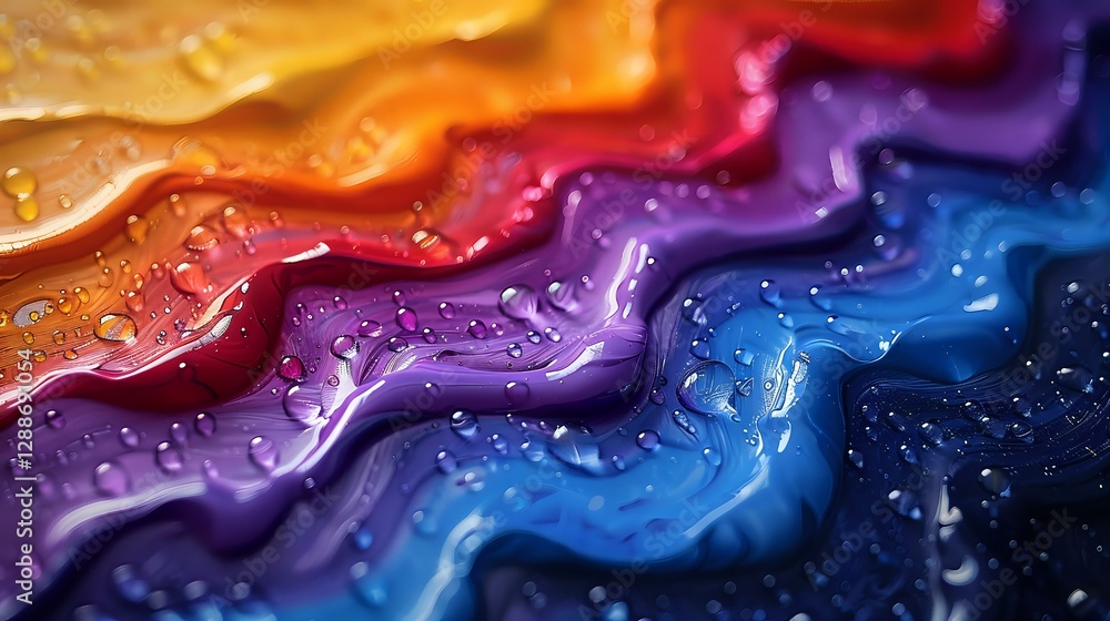 Aufkleber colorful wavy rainbow pattern with water drops creating abstract macro photography background with v