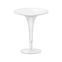 Swivel cocktail table with white round countertop on single metal leg. Realistic 3d vector mockup. High pedestal chrome gas lift base circular counter bar table. Mock-up. Template for design
