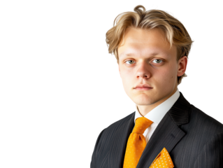 A young man in a formal suit with a bright orange tie and pocket square, displaying a serious expression.