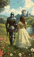 Knight and Lady Walking Towards Castle in Flower Meadow Holding Hands in Medieval Setting