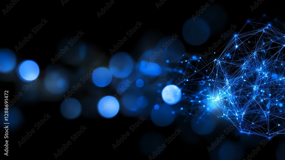 Poster glowing blue network connections and nodes with bokeh light effects on dark background, representing