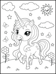 Black and White Unicorn Coloring Page for Kids. Cute, Hand-Drawn, Printable Activity Sheet with Cartoon Characters and Simple Doodles