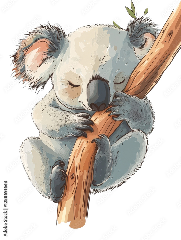Poster close-up of a koala resting on a tree branch in a natural habitat during the daytime isolated on tra