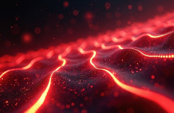 Abstract futuristic background shows red glowing neon moving high speed wave lines, bokeh lights. Data transfer concept wallpaper. Fantastic, ai generative, design technology, motion, energy,