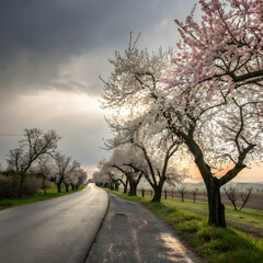 Dramatic Blossom Road at Sunset