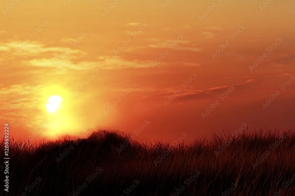 Poster golden hour sunlight is illuminating a grassy field and trees with a bright and vibrant orange color