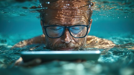 Fototapeta premium Submerged in the Blue: A Man's Underwater Digital Escape