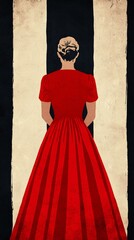 Naklejka premium A woman in a striking red dress stands with her back to the viewer, set against a bold black and white background, evoking a sense of mystery and elegance.