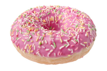 Single donut decorated with pink icing and colorful sprinkles