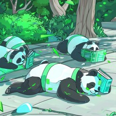 Panda Bears Reading Books in Tranquil Green Forest Glade for Relaxation and Mental Rejuvenation