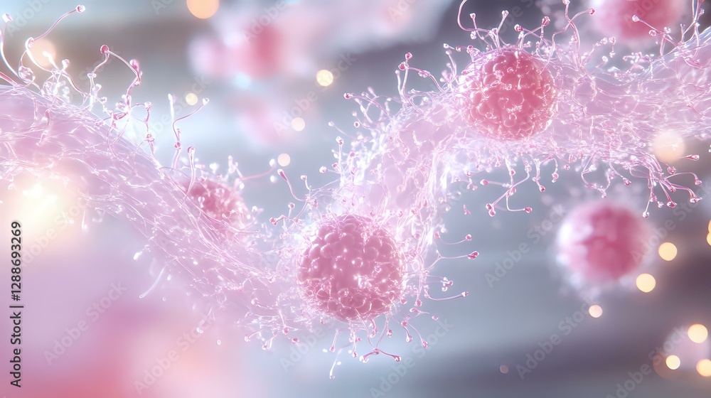 Poster microscopic view of virus particles with protein spikes floating in blurred pink and gray space, sho