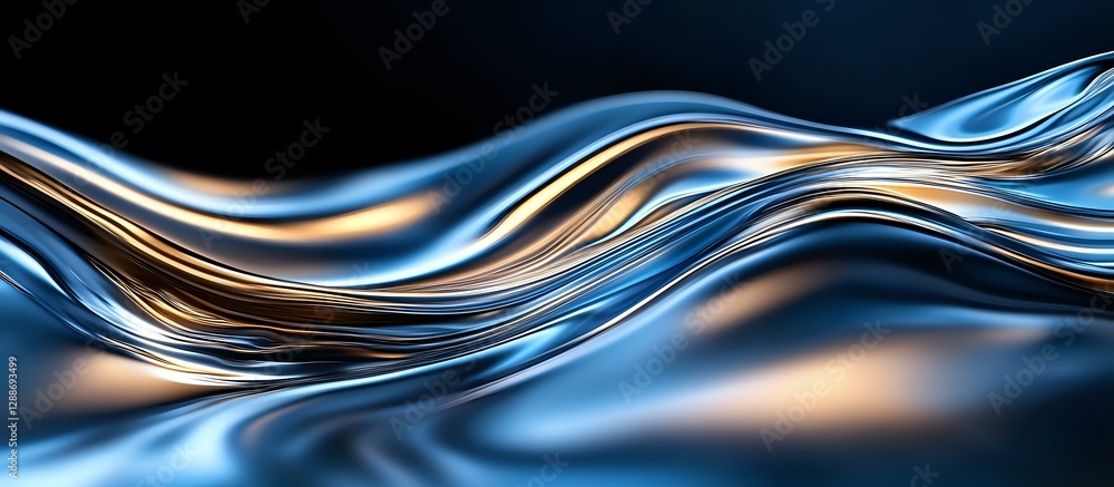 Poster flowing metallic waves in blue and copper colors create dynamic abstract background with smooth glos