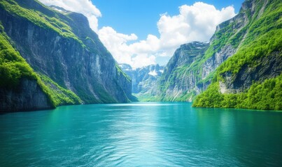 Turquoise fjord amidst steep cliffs, lush greenery, sunny sky. Ideal for travel promotion