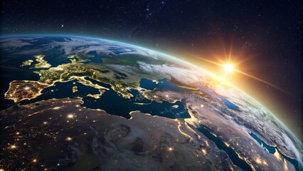 Fototapeta premium Earthrise Europe and Middle East at Sunrise, High-Resolution Satellite Image, Global Illumination, Planet Earth Earth observation, Satellite imagery