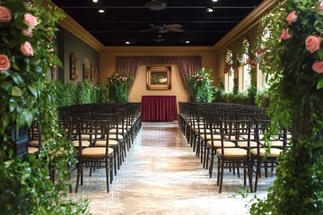 Fototapeta premium Rows of empty chairs await guests in an elegant wedding ceremony venue decorated with lush greenery and pink flowers, creating a romantic and enchanting atmosphere