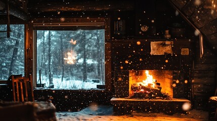 Cozy Cabin Fireplace Winter Snow Scene