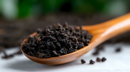 Dried black tea leaves in wooden spoon on white surface with blurred green background, close up view of loose leaf organic tea for brewing and steeping.