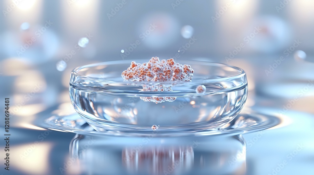 Poster transparent glass bowl with floating water drops and delicate splash crown captured in high-speed ma