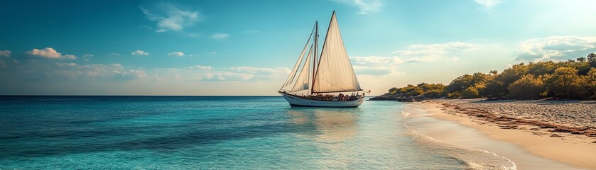 Fototapeta premium A classic white sailboat anchored near a remote beach, golden sand, crystalclear waters, gentle breeze rustling the sails, highresolution photorealistic shot, cinematic depth