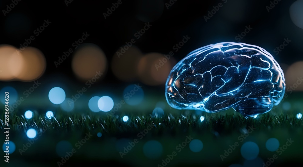 Poster glowing blue brain model on grass with bokeh lights in background, representing artificial intellige
