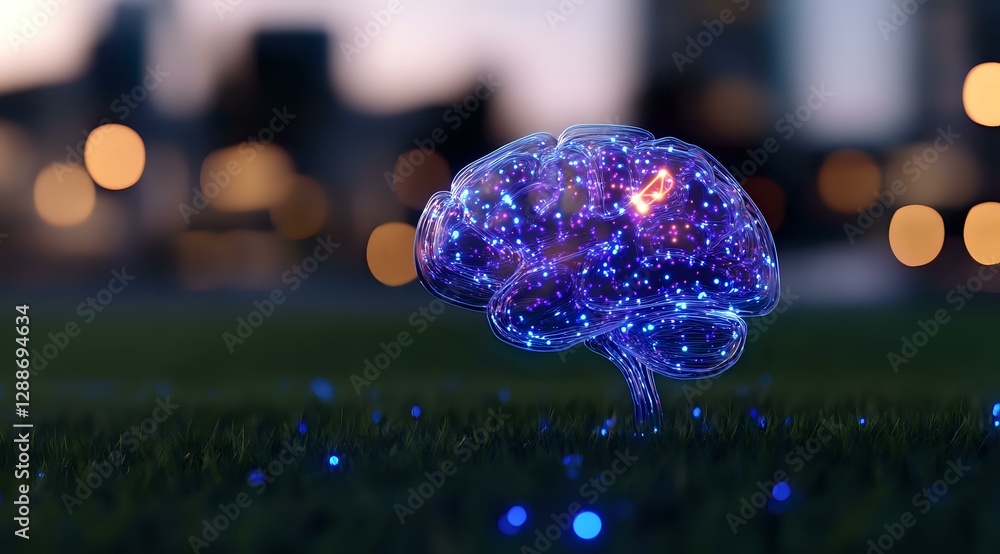 Poster glowing translucent brain with neural connections illuminated in purple and blue tones against grass