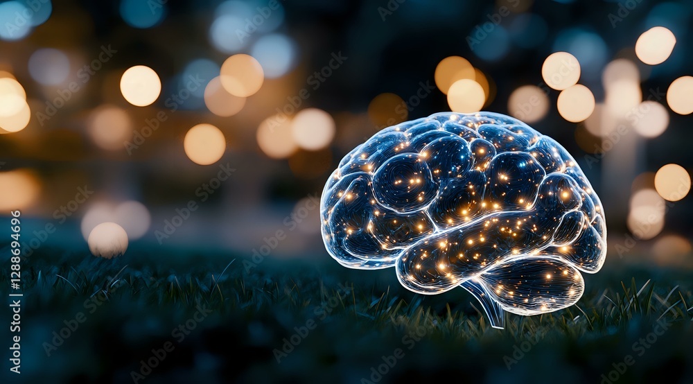 Poster glowing brain shape on grass with bokeh lights in background creates magical evening atmosphere, con