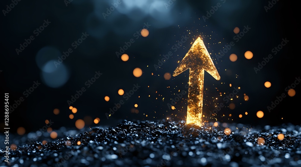 Poster glowing golden arrow pointing upward on dark textured surface with magical sparkles and bokeh lights