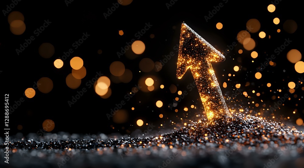 Aufkleber glowing golden arrow pointing upward with sparkles and bokeh lights on dark background, symbolizing 