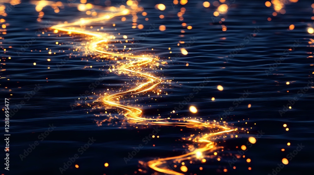 Poster magical glowing trail of light particles dancing over dark rippling water surface creates mystical a