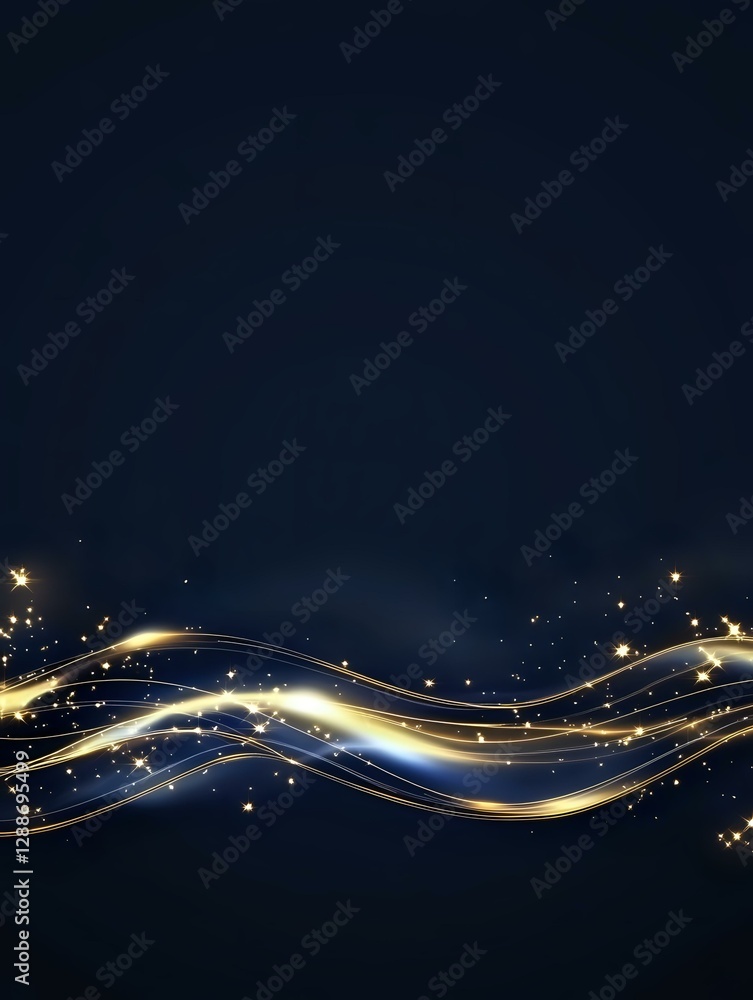 Aufkleber glowing golden waves flow across dark background with sparkling light particles, creating luminous f