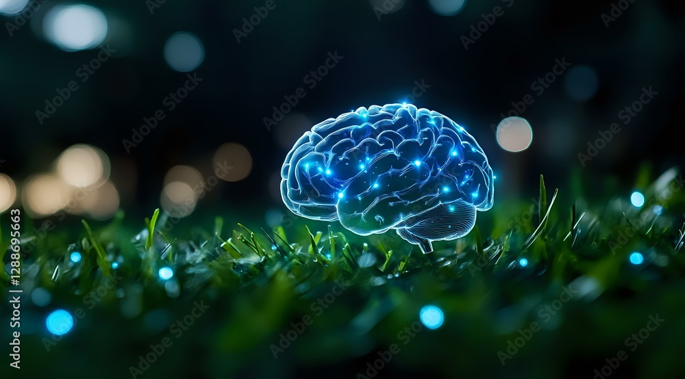 Poster glowing blue brain on grass with bokeh lights in background represents artificial intelligence, mach