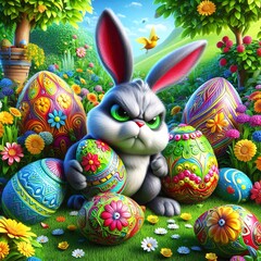 Grumpy bunny with beautiful decorated Easter eggs
