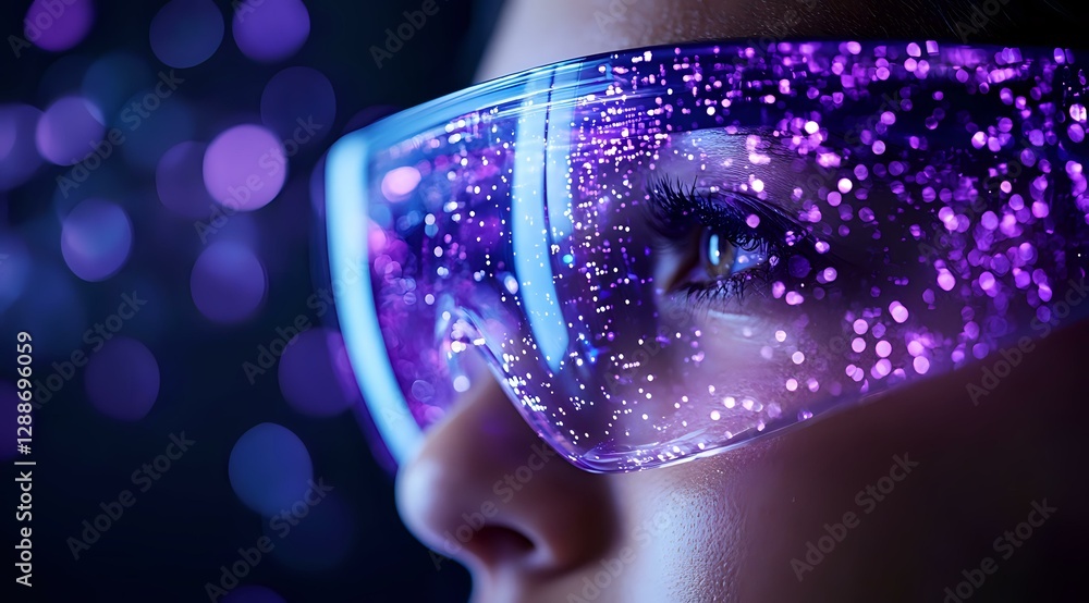 Poster futuristic protective glasses with purple glowing particles reflection. close up view of modern eyew