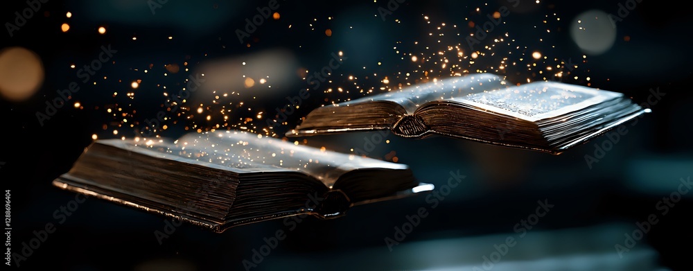 Aufkleber magical floating books with glowing sparkles and light orbs against dark background, pages flutterin