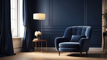A stylish room with a dark blue velvet armchair featuring a cushion