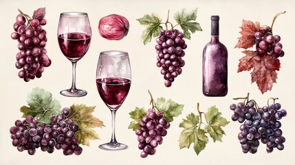 Dark moody watercolor themes. Dark moody watercolor themes. Vibrant grapes and wine bottles collection.