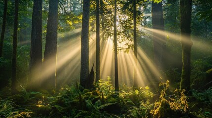 Fototapeta premium Sunlight shines gently through the leaves of the majestic trees, creating a serene atmosphere