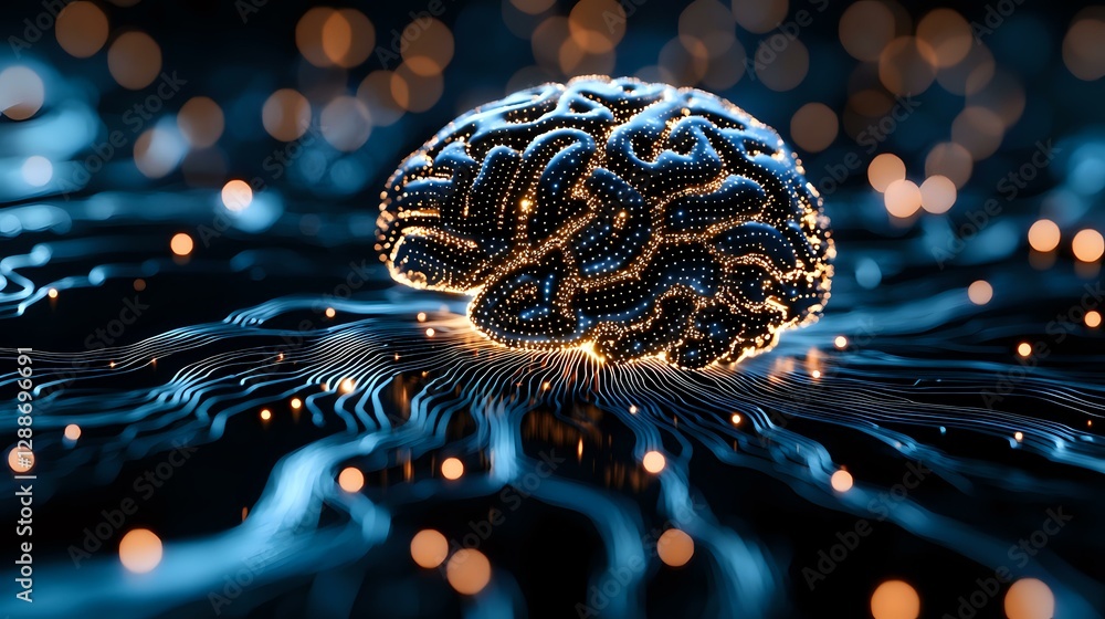 Poster glowing digital brain with neural connections floating over rippling waves against dark background w