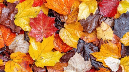 Obraz premium Colorful autumn leaves on ground, wet from rain, nature background, perfect for fall designs