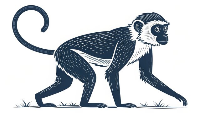 Stylized Monkey Illustration Walking Pose, Dark Blue and White, Vector Art, Wildlife Concept, Primate, Animal Portrait Monkey, Illustration