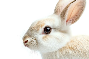 Obraz premium White bunny rabbit face close up on white background, side profile portrait showing detailed fur texture and large brown eye. Isolated for design projects.