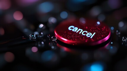 Red illuminated cancel button on dark background with water drops and bokeh lights creating dramatic technology mood and selective focus effect.