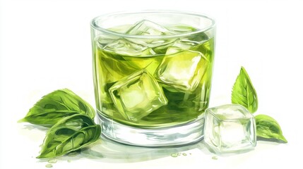 Obraz premium Refreshing Green Beverage with Ice and Fresh Leaves in a Glass