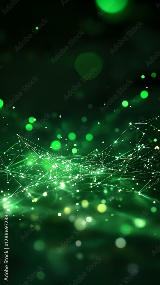 Poster abstract network connections with glowing dots and lines on dark green background with bokeh effect,