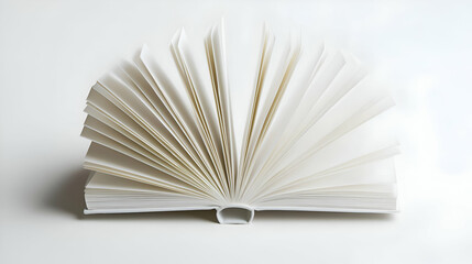 Open White Book with Fanned Pages on White Background