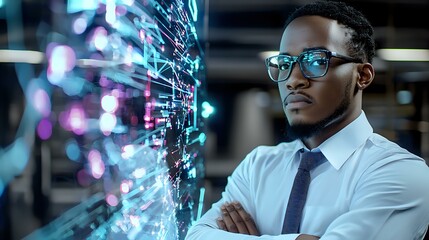 Young African American businessman in glasses and tie analyzing digital data visualization, arms crossed, with glowing blue holographic interface in dark office.