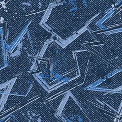 Abstract blue denim pattern with splattered paint, paint brush strokes, broken lines. Random chaotic composition. For apparel, fabric, textile, sport goods Grunge texture