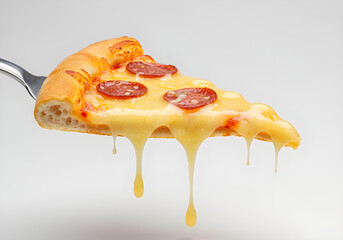 Delicious cheese dripping from a freshly baked slice of pizza, on a white background.